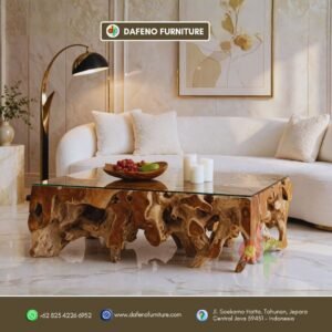 Teak Root Coffee Table 150 x 80 x 45 cm - Extra Large Rectangular Coffee Table with Glass Top