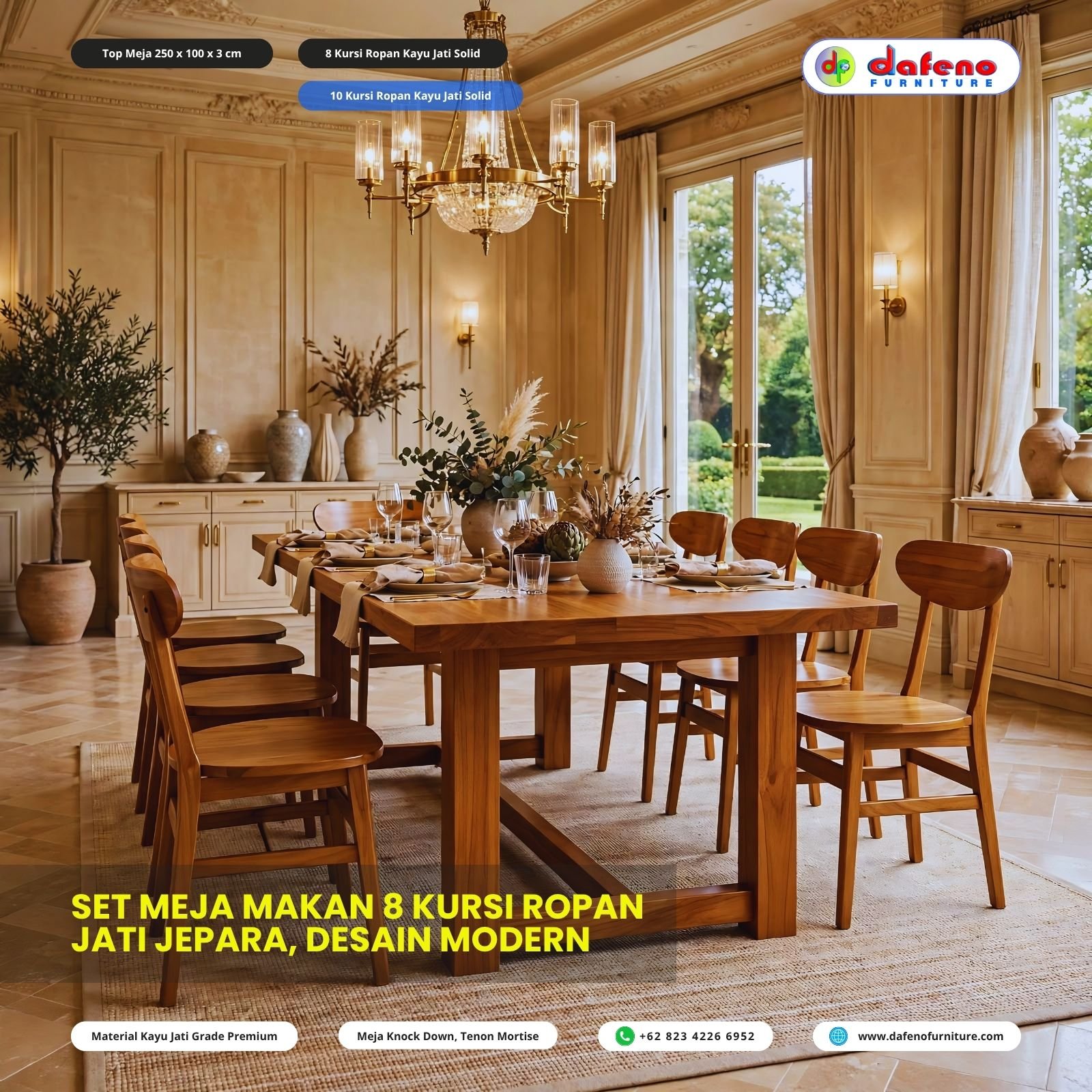THE GRAND SERIES - SET MEJA MAKAN 8 & 10 KURSI ROPAN JATI JEPARA 👑

Top Meja 250 x 100 x 3cm + 8/10 Kursi Ropan Kayu Jati Solid
Kaki Solid 12x12cm - SUPER KOKOH!

Ini level tertinggi dari koleksi DAFENO FURNITURE.
Top meja tebal 3cm tanpa sambung, kaki jumbo 12x12cm, muat 8-10 orang!

Perfect untuk:
- Rumah mewah & villa
- Ruang meeting kantor premium
- Resto VIP & Hotel

Bayangkan makan malam keluarga besar di meja ini - momen jadi lebih hangat & berkesan.

Karena handmade & material premium, produksi terbatas.
Harga? Worth it untuk kualitas seumur hidup.

📲 WA Admin: +62 823 4226 6952
🌐 www.dafenofurniture.com

Kami bantu sampai pengiriman ke rumah Anda!

#mejamakan8kursi #mejamakan10kursi #mejamakan250x100 #mejamakanmewah #granddiningset #mejamakanbesar #furnituremewah #jatisolid #dafenofurniture #luxuryteak #jeparaexport #diningroomgoals
