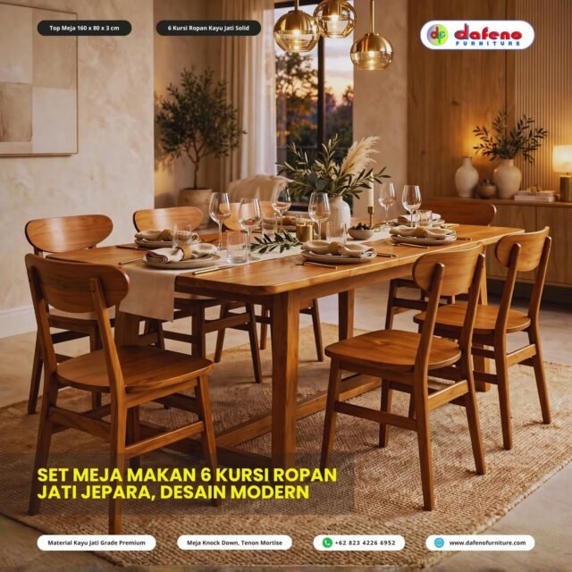 ELEVATE YOUR DINING ROOM - SET 6 KURSI ROPAN JATI ✨

Top Meja 160 x 80 x 3cm + 6 Kursi Ropan Kayu Jati Solid
Luxury but still minimalis.

Cocok untuk rumah dengan ruang makan luas, villa, atau resto premium.
Styling di foto pakai table runner & wine glass - langsung jadi ruang makan ala hotel bintang 5!

Detail:
✓ Jati Grade Premium oven
✓ Coating NC Semi Gloss - aman untuk food
✓ Konstruksi kuat, bisa untuk usaha cafe long-term
✓ Bisa custom jadi 180cm / 200cm

Dari Jepara untuk seluruh Indonesia & Export.

📲 Konsultasi gratis: +62 823 4226 6952

#mejamakan6kursi #mejamakanjati #diningset6chairs #luxurydining #mejamakan160x80 #mejamakanmewah #furniturejeparaexport #dafenofurniture #teakdiningset #interiormewah