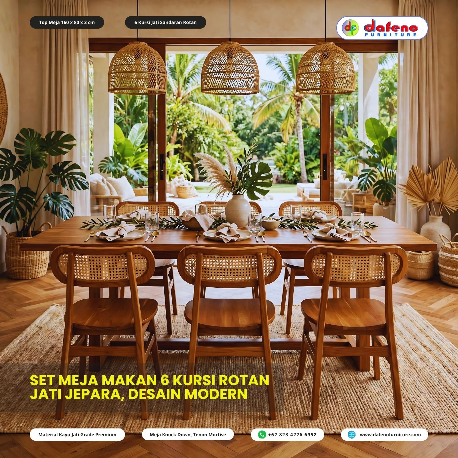 Luxury meets natural ✨
DINING SET 200x100 | 6 Kursi Rotan

Top meja super tebal 3cm! Solid, kokoh, & mewah. Statement piece untuk rumah impian kamu.

Custom finishing? Bisa banget!
#MejaMakanMewah #MejaMakan200cm #MejaMakan6KursiJati #FurnitureMewah #DafenoFurnitureJepara