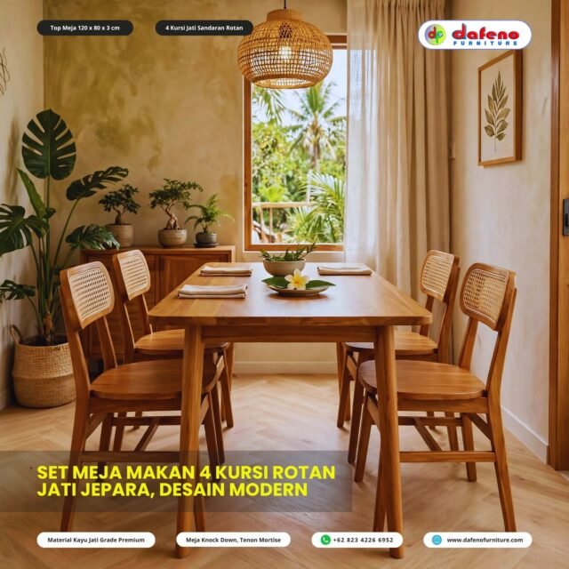The Perfect Family Dining Set 👨‍👩‍👧‍👦
120 x 80 cm | 4 Kursi Rotan

Ukuran ideal, desain timeless. Kayu Jati Asli Jepara yang akan awet puluhan tahun.

Ready custom ukuran!
#MejaMakan120x80 #SetMejaMakanJati #KursiJatiRotan #FurnitureMinimalis #DafenoFurniture