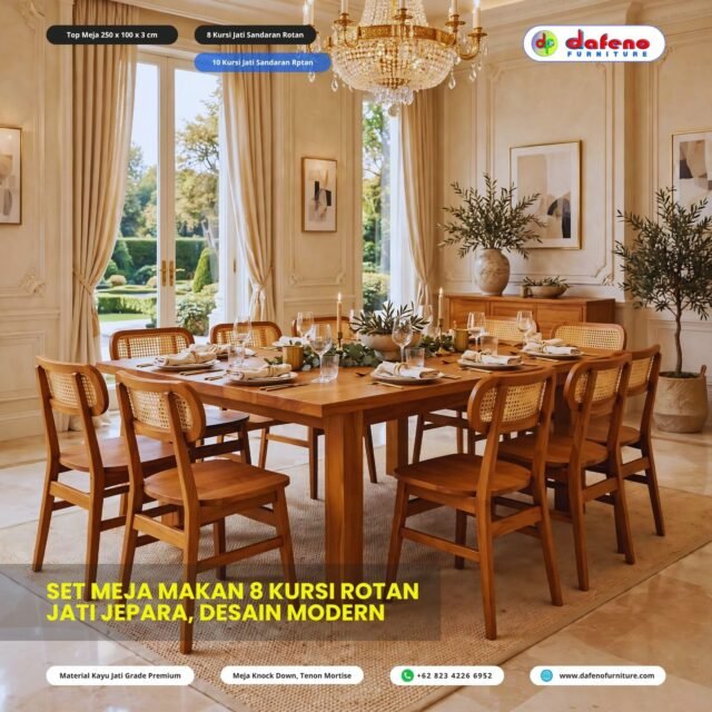 GO BIG OR GO HOME! 😍
MEGA DINING SET 250x100 | 8 Kursi Rotan

Untuk kamu yang butuh meja makan besar, mewah, & tahan seumur hidup. Top 250cm muat 8-10 orang!

This is true luxury Jepara craftsmanship ✨
Link WA di bio!

#MejaMakan8Kursi #MejaMakanJumbo #MejaMakanBesar #LuxuryDiningSet #FurnitureJeparaExport #DafenoFurniture