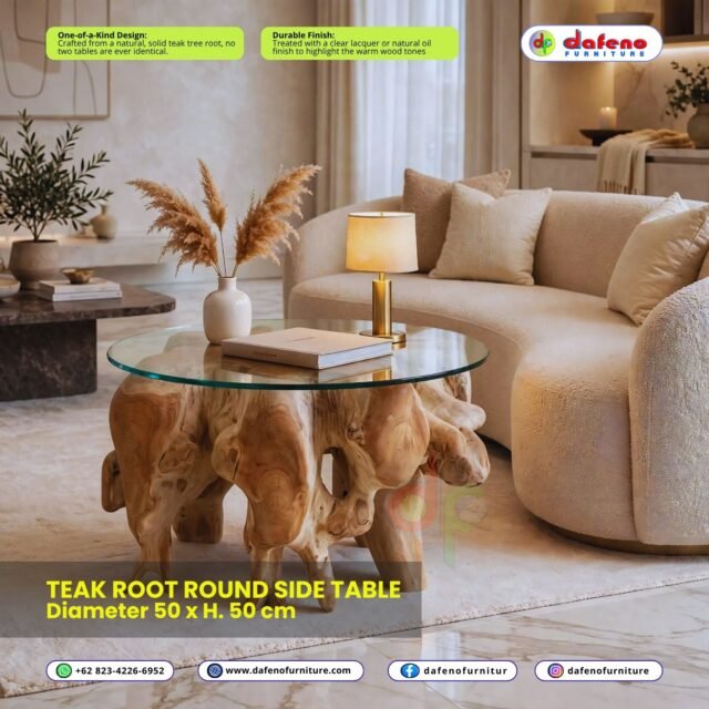 Teak Root Round Coffee Table Diameter 50 cm – Round Side Table / Mini Coffee Table – 50 x 50 x 45 cm

The cutest piece in the collection. This round coffee table with a 50cm diameter and 45cm height is crafted from a solid teak root and topped with a round tempered glass. Ideal as a side table next to an armchair, as a bedside table with organic character, or as a plant stand / display pedestal.

Its compact round shape makes it perfect for corners, balconies, and boutique hotel rooms. No two tables are ever identical.

Features:
One-of-a-Kind Design: Solid natural teak root, round form
Durable Finish: Natural oil finish highlighting warm tones
Dimensions: Diameter 50 cm x Height 45 cm

Wood Material:	
Solid Natural Teak Tree Root + Tempered Glass Top

Finishing:	
Semi natural finish and Coating by NC / Clear Lacquer / Natural Oil finish.

Shipment for Export:	
We serve world wide shipment by minimal order 1 x 20 feet container
Shipping: Handcrafted to order from Jepara, Central Java, Indonesia.
Contact: +62 823-4226-6952, http://www.dafenofurniture.com