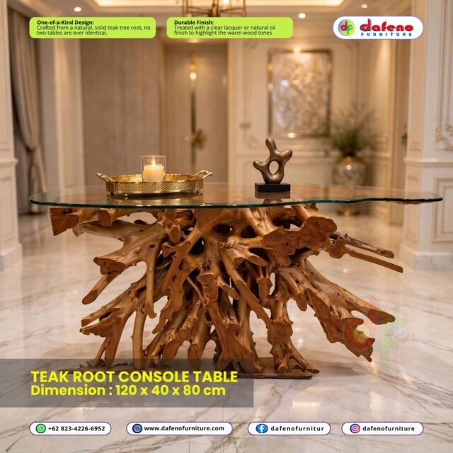 Teak Root Console Table 120x40x80 cm | Small Natural Teak Root Console Table

The perfect mini accent. Our 120cm small console table is a unique sculpture for narrow entryways, bedrooms, or as a statement side table.

Big impact in a mini size. The 120cm Teak Root Console Table is our most versatile accent piece. Despite its compact size, it features a dense, artistic root formation that commands attention. Use it as a small entryway table, bedside statement, or boutique display table, Handcrafted to order in Jepara.

Dimensions: 120L x 40W x 80H cm 

Perfect for foyers, hallways, or cozy corners, this 120 cm Teak Root Console Table brings organic beauty to compact spaces.
Each table is individually crafted from a natural solid teak root, making every piece completely unique. The base is finished with clear lacquer or natural oil to preserve the wood and showcase its warm tones.

Paired with a glass top, this smaller console is both functional and artistic. Style it with a lamp, candle, or sculpture to create an instant focal point. 

Key Features:

One-of-a-Kind Design: Natural solid teak root, never duplicated
Durable Finish: Clear coat to enhance and protect
Dimensions: 120 cm W x 40 cm D x 80 cm H
Style: Compact luxury, organic modern, entryway decor

Shop handcrafted teak furniture at Dafeno Furniture.