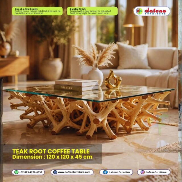 Teak Root Coffee Table 120 x 120 x 45 cm – Large Square Coffee Table

For those who love symmetry with an organic twist. This large square 120 x 120 x 45 cm coffee table offers a massive 120cm surface while showcasing a dense, artistic teak root sculpture underneath. The square glass top creates a clean, modern contrast to the wild root form.

Perfect for large U-shaped sofas, hotel lobbies, and spacious villas where you want a true conversation starter.

Features:
One-of-a-Kind Design: Solid teak root sculpture
Durable Finish: Natural clear coat
Dimensions: 120 (L) x 120 (W) x 45 (H) cm – Square

Wood Material:	
Solid Natural Teak Tree Root + Tempered Glass Top

Finishing:	
Semi natural finish and Coating by NC / Clear Lacquer / Natural Oil finish.

Shipment for Export:	
We serve world wide shipment by minimal order 1 x 20 feet container
Shipping: Handcrafted to order from Jepara, Central Java, Indonesia.
Contact: +62 823-4226-6952, http://www.dafenofurniture.com