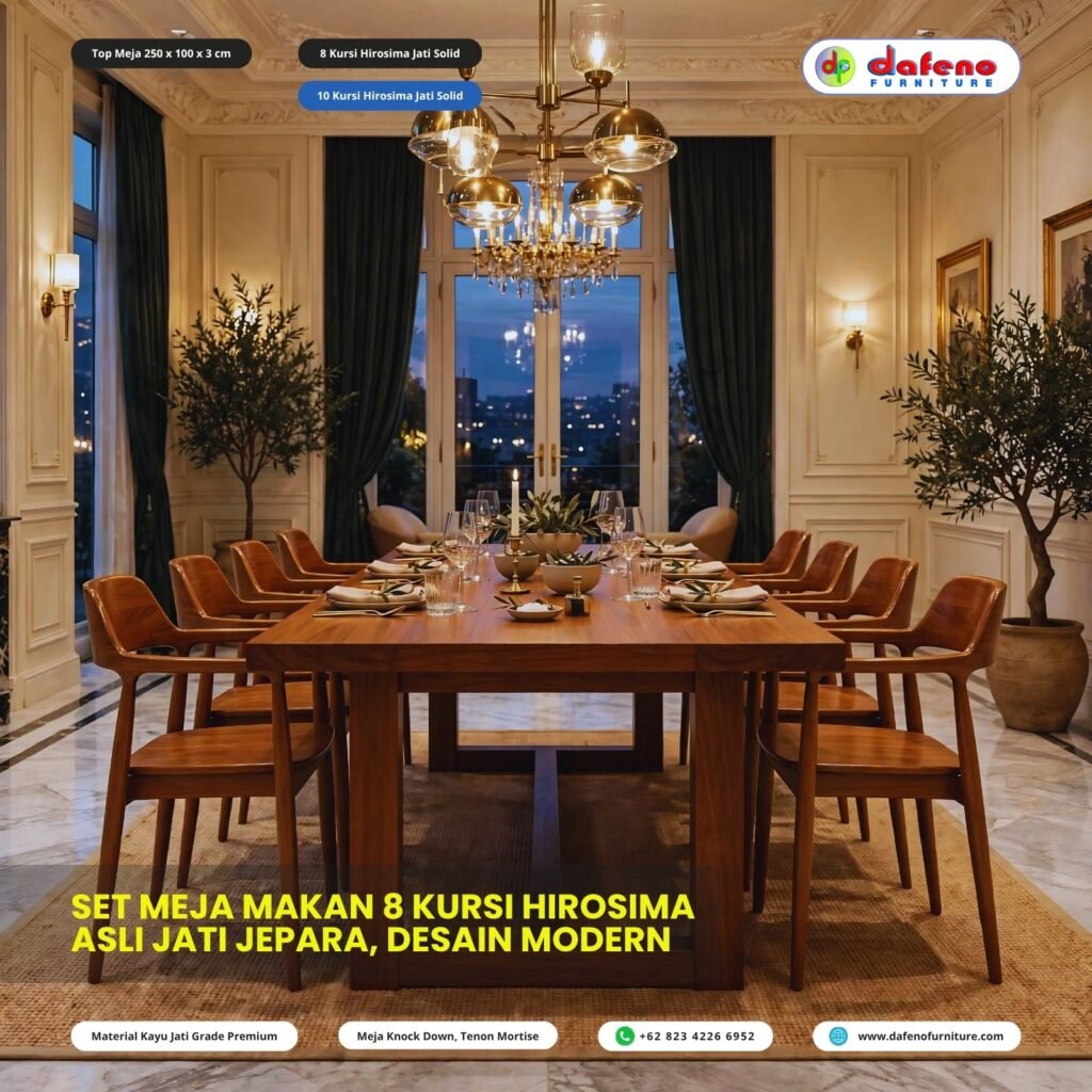 Set meja makan 4 kursi hirosima jati solid Jepara top 80x80 desain modern