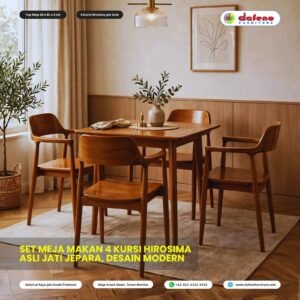 Set meja makan 4 kursi hirosima jati solid Jepara top 80x80 desain modern