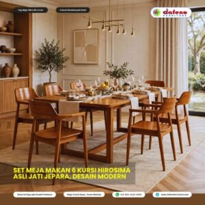 Set Meja Makan 6 Kursi Hirosima Jati Solid Asli Jepara - Desain Modern Japandi | 160x80 cm