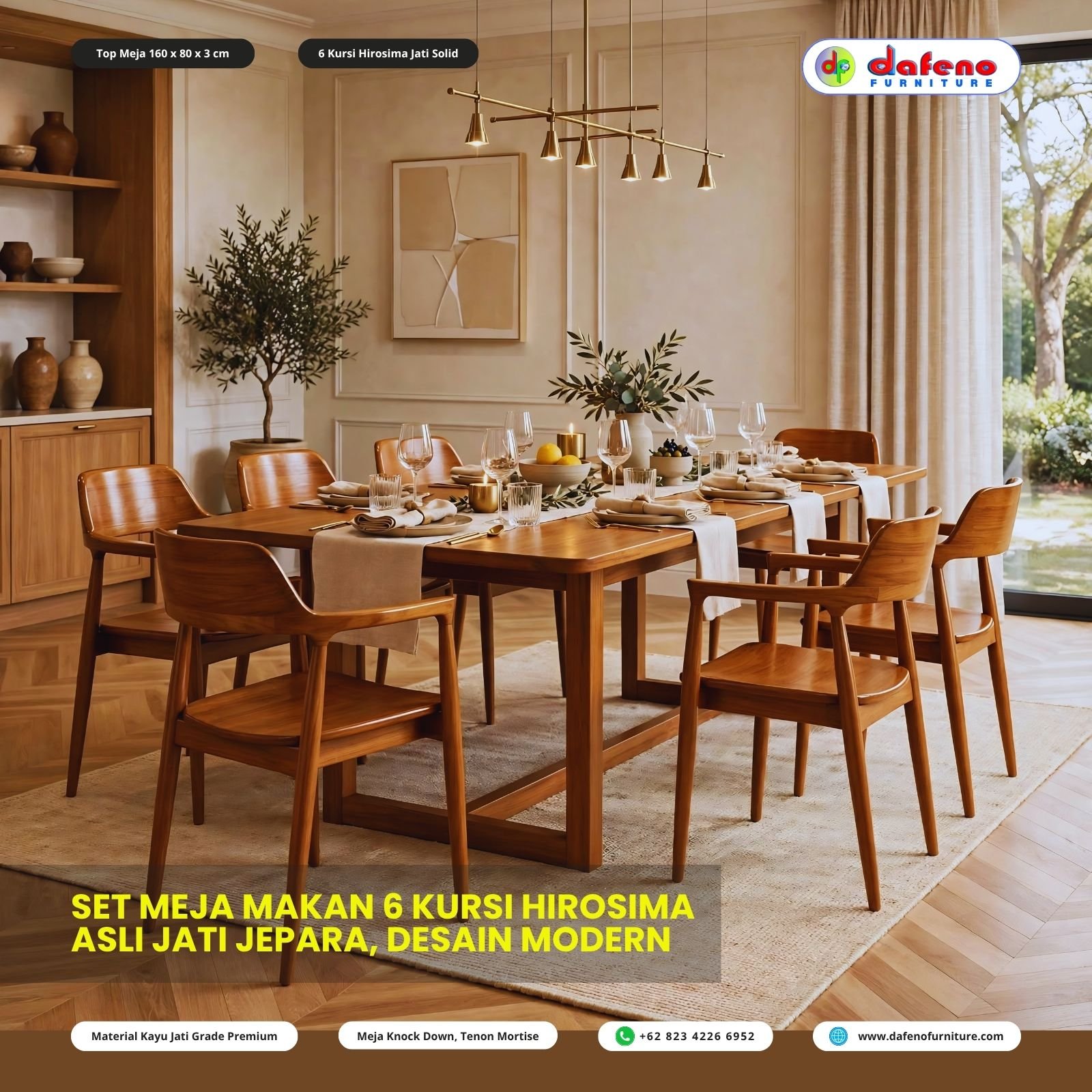 Set Meja Makan 6 Kursi Hirosima Jati Solid Asli Jepara - Desain Modern Japandi | 160x80 cm