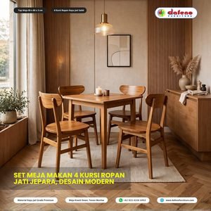 Set Meja Makan 4 Kursi Ropan Jati Jepara - Top 80x80cm Desain Modern Minimalis