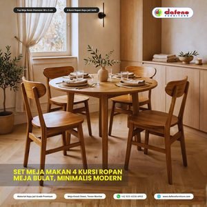 Set Meja Makan Bulat 4 Kursi Ropan Jati - Diameter 80cm Minimalis Modern