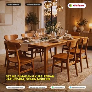 Set Meja Makan 8 Kursi Ropan Jati 200x100cm - Top Jumbo Tebal 3cm Desain Modern