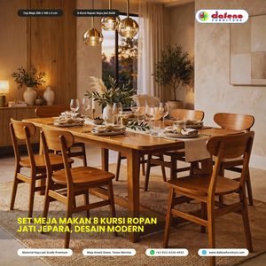 Set Meja Makan 6 Kursi Ropan Jati Jepara 160x80cm - Desain Modern Mewah