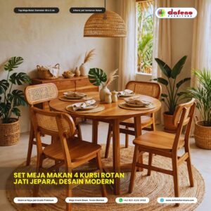 Set Meja Makan Bulat 4 Kursi Rotan Jati Diameter 80 cm - Minimalis Modern