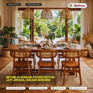 Set Meja Makan 6 Kursi Rotan Jati Jepara 160x80 cm - Desain Modern Mewah