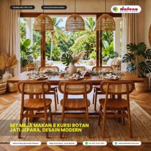 Set Meja Makan 8 Kursi Rotan Jati Super 200x100 cm - Bisa 10 Kursi Desain Modern